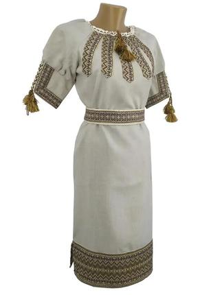 Льняное платье вышиванка для девочки бежевое р.146 - 1642 фото