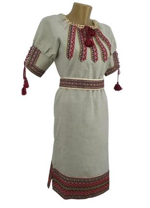 Льняное платье вышиванка для девочки бежевое р.146 - 1644 фото