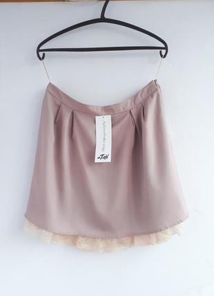 Новая шелковая юбка andre tan шелк 55 % пудрово-бежевая юбка с кружевом2 фото
