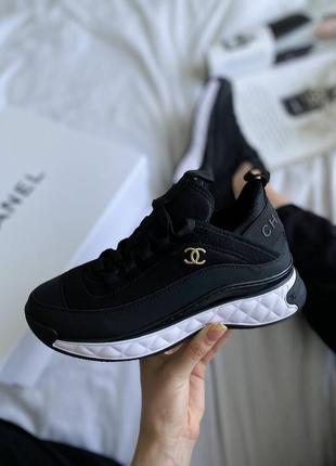 Жіночі шкіряні chanel sneakers black/white шанель кросівки текстиль + шкіра наложка