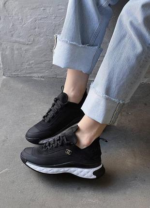 Жіночі шкіряні chanel sneakers black/white шанель кросівки текстиль + шкіра наложка5 фото