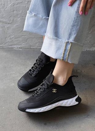 Жіночі шкіряні chanel sneakers black/white шанель кросівки текстиль + шкіра наложка1 фото