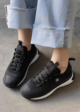 Жіночі шкіряні chanel sneakers black/white шанель кросівки текстиль + шкіра наложка6 фото
