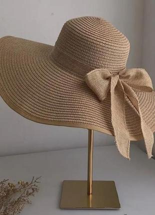 Женская широкополая шляпа с полями 15 см и бантом кофейная