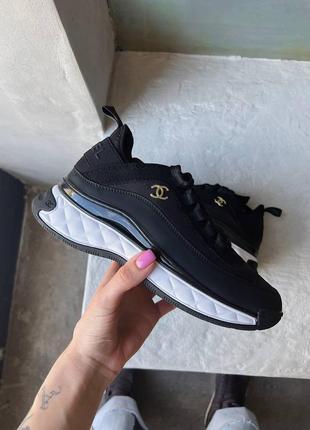 Жіночі шкіряні chanel sneakers black/white шанель кросівки текстиль + шкіра наложка