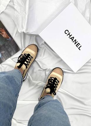 Женские кожаные chanel sneakers black/white beige шаннель кроссовки текстиль + кожа наложка4 фото