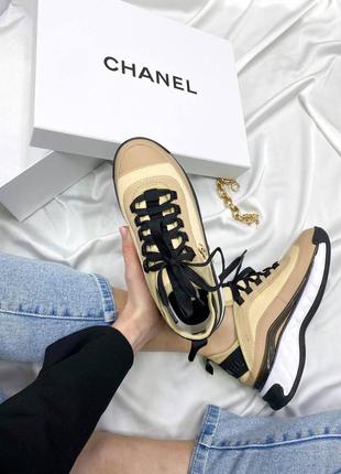 Женские кожаные chanel sneakers black/white beige шаннель кроссовки текстиль + кожа наложка8 фото