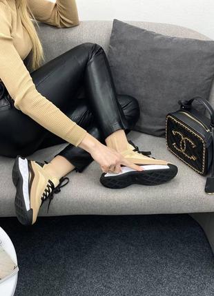 Женские кожаные chanel sneakers black/white beige шаннель кроссовки текстиль + кожа наложка3 фото