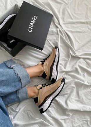 Женские кожаные кроссовки chanel sneakers black/white beige шаннель кроссовки текстиль + кожа наложка9 фото