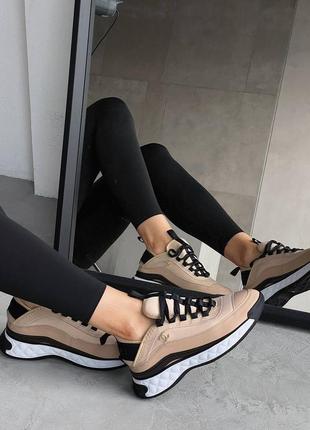 Жіночі шкіряні кросівки chanel sneakers black/white beige шанель кросівки текстиль + шкіра наложка