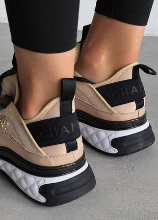 Женские кожаные кроссовки chanel sneakers black/white beige шаннель кроссовки текстиль + кожа наложка8 фото