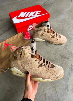 Крутейшие мужские кроссовки nike air jordan 6 retro x travis scott british khaki коричневые