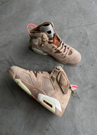 Крутейшие мужские кроссовки nike air jordan 6 retro x travis scott british khaki коричневые2 фото