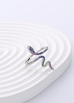 Срібна s925 каблучка змія з різнокольоровим камнями фіанітами, кільце з різнокольоровими камінчиками, розмір регулюється2 фото