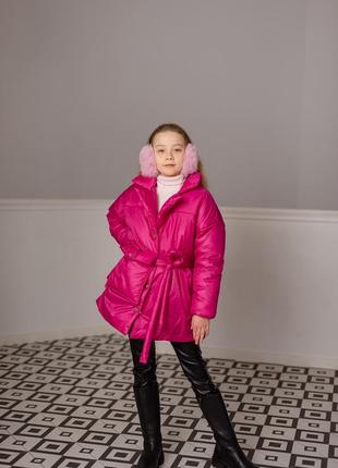 Куртка детская, подростковая, демисезонная, с поясом  со съемным карманом - сумочкой, малиновая6 фото