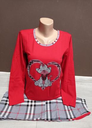 Підліткова піжама для дівчини туреччина на 12-16 років розміри 100% бавовна двійка кофта і штани клетка червоний