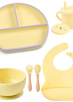 Набор детской силиконовой посуды 2life y11 из 7 предметов с деревянными приборами желтый n-11363