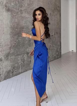 Красивое синее платье вечернее с разрезом и открытой спиной