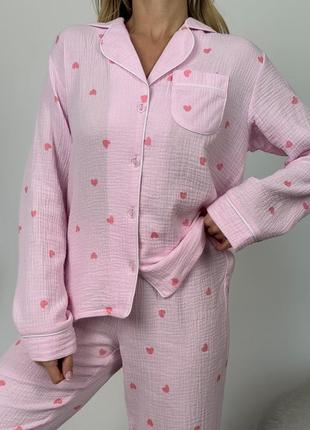 Хлопковая пижама муслин розовая в сердечка рубашка с длинным рукавом и штаны2 фото