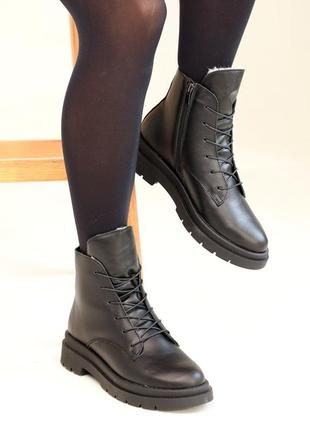 Женские зимние ботинки на шнуровке кожаные мех черные 37 38 39 402 фото