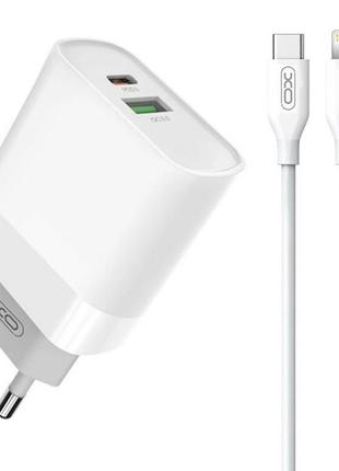 Блок живлення xo-l81a  з кабелем type-c - lightning (iphone)  швидка зарядка quick charge 3.0 usb 18w + type c (pd 20w) білий