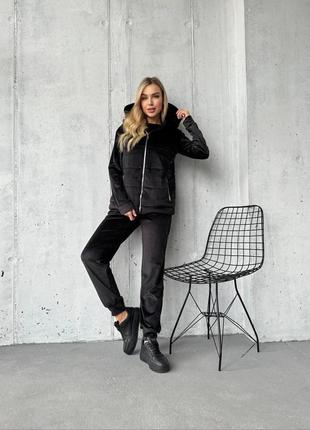 Стильний молодіжний жіночий повсякденний костюм-трійка з жилеткою з тканини плюшевий велюр колір чорний