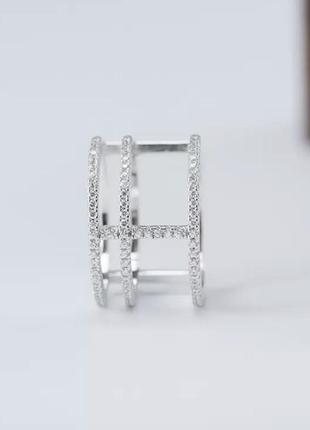 Серебряное s925 кольцо тройное с белыми камнями фианитами, тройная кольца с блестящими камушками3 фото