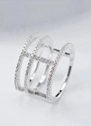 Серебряное s925 кольцо тройное с белыми камнями фианитами, тройная кольца с блестящими камушками