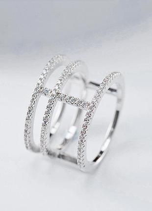 Серебряное s925 кольцо тройное с белыми камнями фианитами, тройная кольца с блестящими камушками