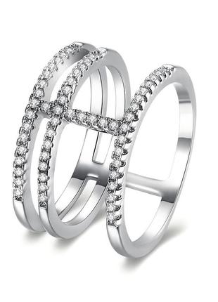 Серебряное s925 кольцо тройное с белыми камнями фианитами, тройная кольца с блестящими камушками4 фото