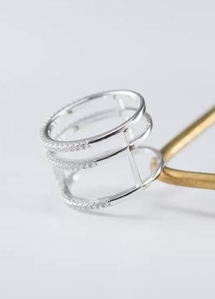 Серебряное s925 кольцо тройное с белыми камнями фианитами, тройная кольца с блестящими камушками6 фото