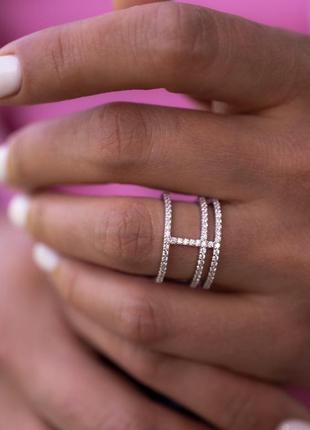 Серебряное s925 кольцо тройное с белыми камнями фианитами, тройная кольца с блестящими камушками2 фото
