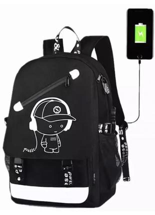 Водонепроникний рюкзак music з usb-світиться в темряві чорний