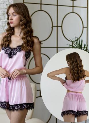 Пижама шелковая майка шорты с кружевами 015 нежно-розовая