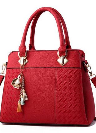 Класична жіноча сумка через плече з брелком, модна і якісна жіноча сумочка еко шкіра повсякденна червоний1 фото