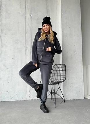 Стильний молодіжний жіночий повсякденний костюм-трійка з жилеткою з тканини плюшевий велюр колір графіт