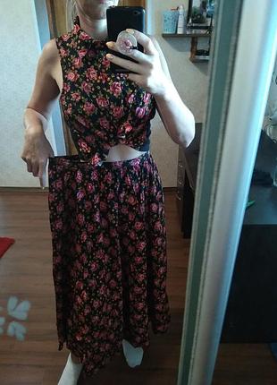 Якісний костюм топ+ спідниця міді в квітковий принт m l