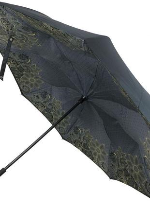 Двухслойный женский механический зонт-трость обратного сложения ferretti черный с серым