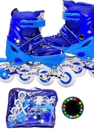 Роликовые коньки детские 30-33 колеса pu с подсветкой синие extreme motion