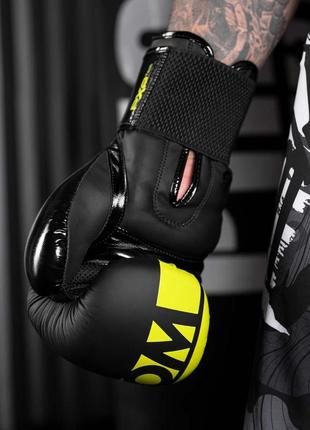 Боксерские перчатки спортивные тренировочные для бокса phantom black/yellow 12 унций (капа в подарок) dm-116 фото