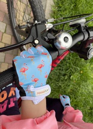 Велорукавички дитячі спортивні велосипедні рукавички для їзди на велосипеді 001 фламінго блакитні s dm-114 фото