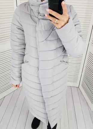 Куртка пальто кокон зимняя стеганная арт. 180 плащевка мадонна серый / светло серый / серого цвета8 фото