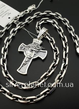 Толстая серебряная цепока с крестиком. мужская цепь якорь и кулон крестик серебро 925. 55 см9 фото