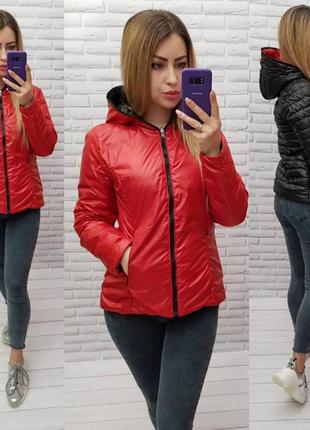 Женская двусторонняя куртка с капюшоном  арт.185 норма красный+черный