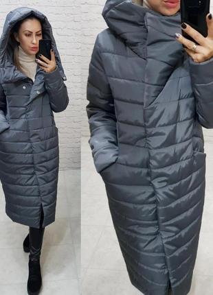 Куртка пальто кокон зимняя стеганная арт. 180 плащевка мадонна графит / темно серый / темно серого цвета