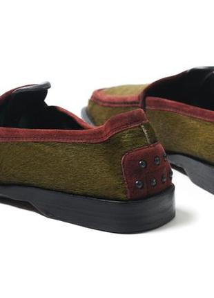 Tod's olive green burgundy pony hair suede trim driving loafers женские винтажные лоферы2 фото