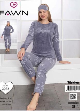 Костюм для женщин одежда для дома, пижама теплая зимняя темно-серая, махровая пижама женская fellix