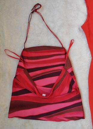 Красная розовая натуральная короткая блуза майка топ с завязкой на шее шелк шелковый без рукавов h&m9 фото