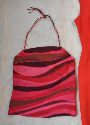 Красная розовая натуральная короткая блуза майка топ с завязкой на шее шелк шелковый без рукавов h&m3 фото