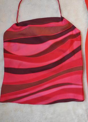Красная розовая натуральная короткая блуза майка топ с завязкой на шее шелк шелковый без рукавов h&m6 фото